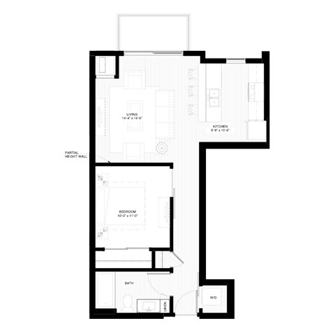 Floor plan for studio, 1 bath, 642 sqft
